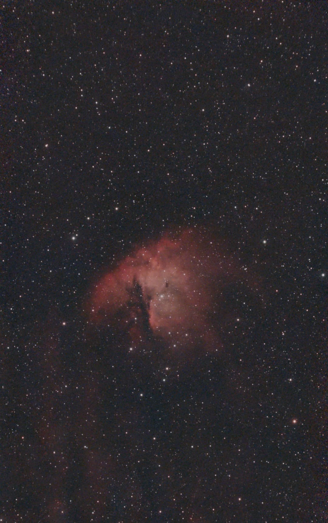 Dash's photograph of the red Pacman Nebula in a dense star field