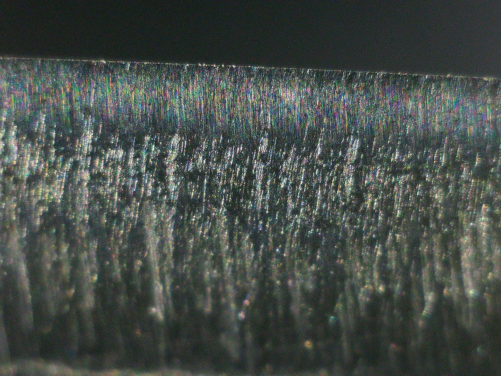 Digital microscope view of a polished knife edge after stropping